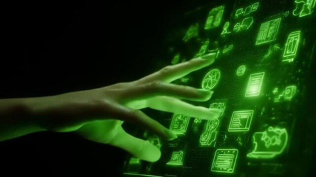 Futuristic Interaction: Woman's Hand Navigating a Holographic Interface Display