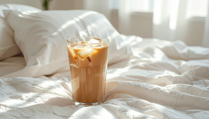 Iced coffee in glass highlights caffeine effects on sleep with sunlight streaming onto cozy white bed creating relaxed morning mood