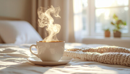 Caffeine effects on sleep shown by hot coffee cup on cozy bed with morning sunlight and soft blanket in peaceful bedroom