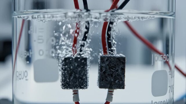 Electrodes Bubbling Inside Glass Container With Water in Laboratory