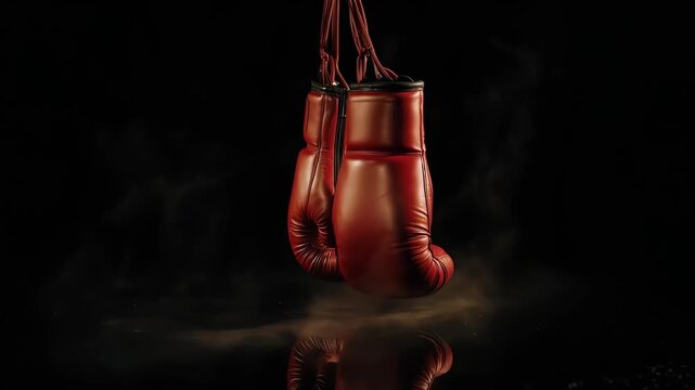 Red boxing gloves hanging in a dim, atmospheric setting with a reflective surface.