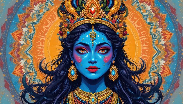 Vibrant blue goddess adorned in ornate gold jewelry and a dazzling crown, emanating divine energy against a sunburst mandala background - Powered by Adobe