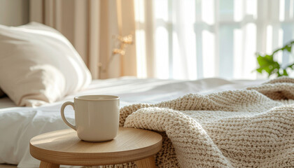 Caffeine effects on sleep can be seen in cozy bedroom with sunlight soft blanket and warm drink creating peaceful morning mood