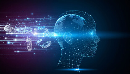 Stunning digital representation of AI human head with cryptocurrency flowing, ideal for finance, technology, and futuristic concepts