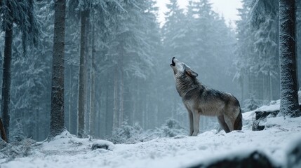 A snowy forest with a wolf howling in the distance,