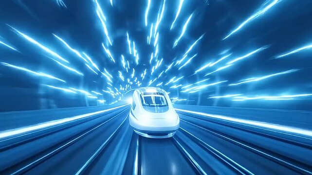 A futuristic high-speed train glides effortlessly through an illuminated, dynamic tunnel, enveloped in a vibrant blue glow. The sleek, modern design of the express train cuts through the darkness, lea