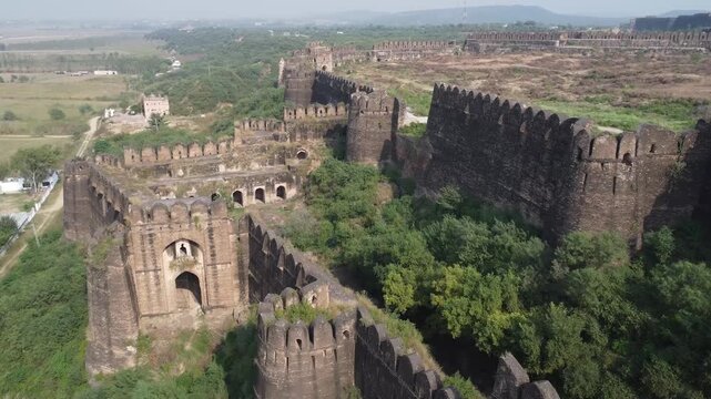 Aerial scene of Rohtas Fort Pakistan showing Langar Khani Gate and massive stone walls from ancient times