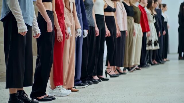 Fashion models standing in a row showcasing various clothing styles.