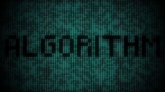Digital binary algorithm animation with moving code pattern.