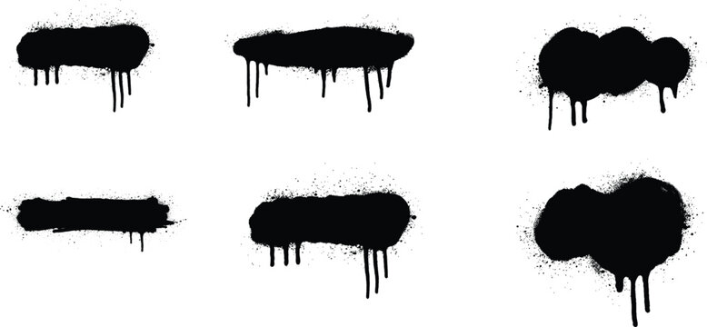 Set of various black spray paint splatters with dripping ink effect on white background
