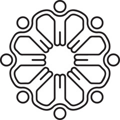 Abstract circular logo design symbolizing unity and connection with stylized figures holding hands in a collaborative group forming a harmonious communal embrace