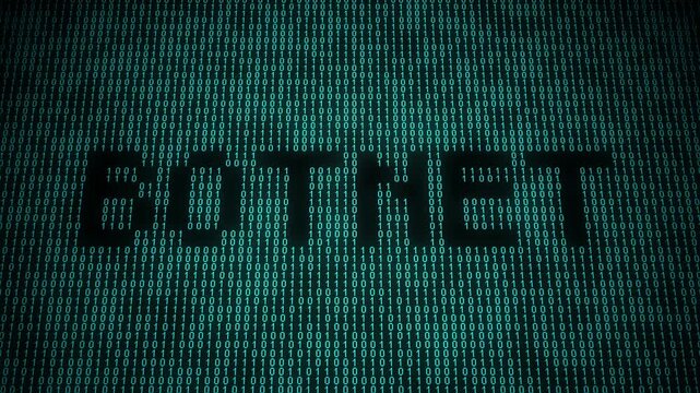 Binary botnet animation with cyber attack and data network flow.