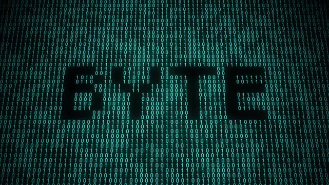 Glowing binary byte animation with futuristic digital design.