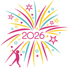 2026 New Year Fireworks Celebration Vector Design with Abstract Athlete Silhouette