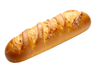 Golden, crisp-crusted, long loaf with diagonal scoring, isolated