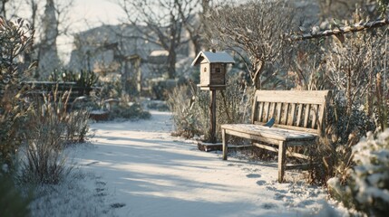 A snowy garden with a bench and a bird feeder,