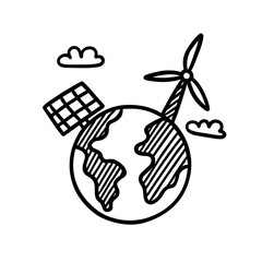 Fototapeta premium Earth with solar panel and wind turbine symbolizing green technologies