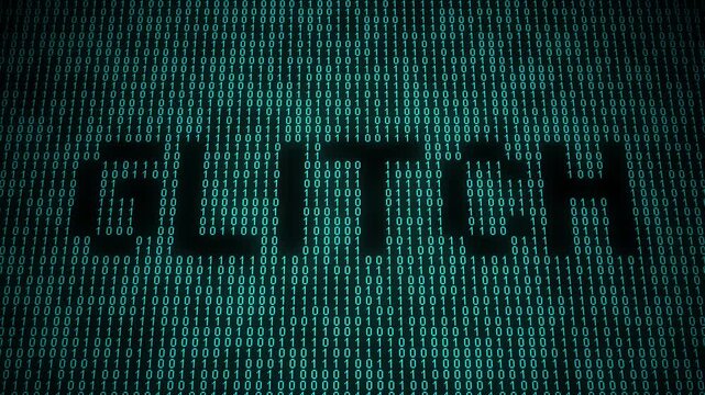 Binary glitch animation with digital distortion and matrix code.