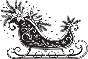 Elegant vintage christmas sleigh filled with festive pine branches poinsettias and holly decorated with ornate swirling patterns and falling snow