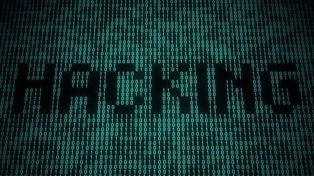 Binary hacking concept with flowing digital code and cyber glow.