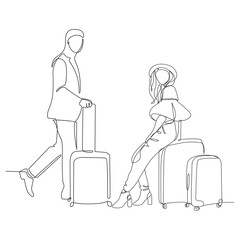 Continuous line drawing of traveler woman with luggage single line art.