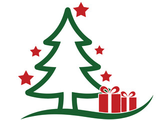 A stylized Christmas tree is decorated with red stars and sits next to two gifts.