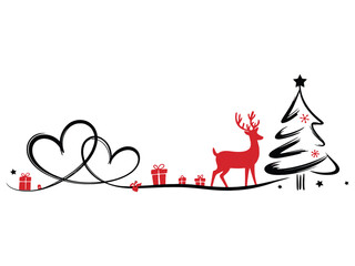A festive Christmas decoration featuring a reindeer, tree, hearts, and gift boxes