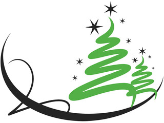 Abstract green Christmas trees with stars and swirl design