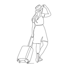 Continuous line drawing of traveler woman with luggage single line art.