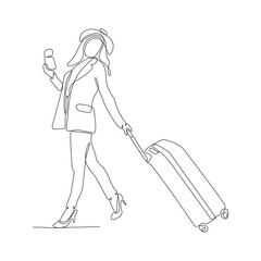 Continuous line drawing of traveler woman with luggage single line art.