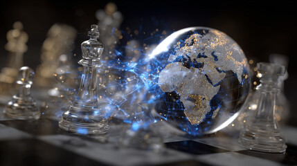 Symbolic image of the globe intertwined with a translucent chessboard, luminous pieces moving across continents, representing diplomacy, global tension, and strategic foresight
