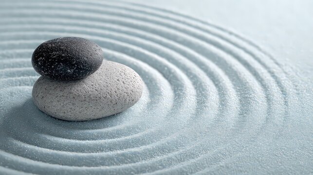 Stacked Pebbles on Raked Sand Minimalist Zen Garden Composition with Light Blue Tones and Texture