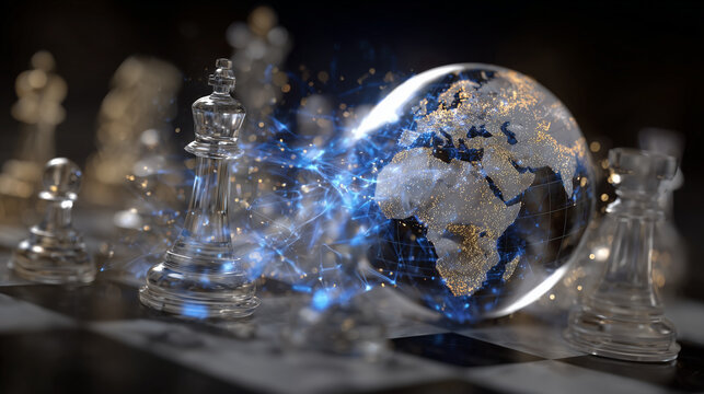 Symbolic image of the globe intertwined with a translucent chessboard, luminous pieces moving across continents, representing diplomacy, global tension, and strategic foresight