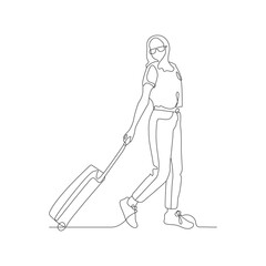 Continuous line drawing of traveler woman with luggage single line art.