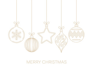 Five golden Christmas ornaments hang from strings against a white background.