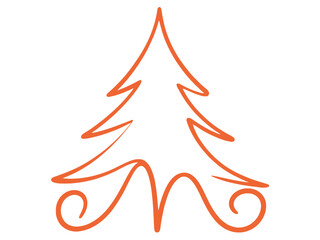 An abstract orange Christmas tree outline with decorative swirls at the base.