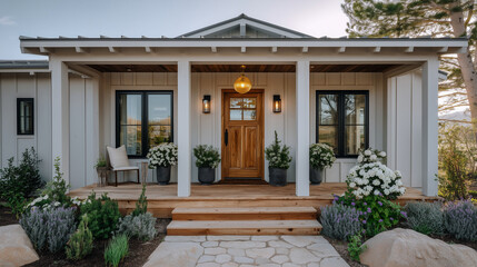 Cozy farmhouse exterior in modern style, featuring muted gray board-and-batten siding, solid wooden door, symmetrical black sconces, and a golden pendant lantern hanging from the p