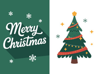 Merry Christmas holiday greeting with a festive decorated tree and snowflakes.