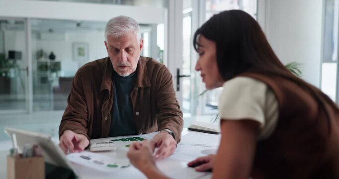 Tablet, documents and business people with discussion in office with finance advice for statistics. Meeting, technology and financial manager with client for investment proposal with paperwork. - Powered by Adobe