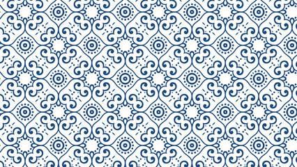 Classic White and Indigo Blue Seamless Ornamental Scrollwork Pattern