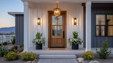 Inviting modern farmhouse entrance, gray siding walls with a natural wooden door, decorative sconces flanking both sides, and a warm amber hanging lantern lighting the space