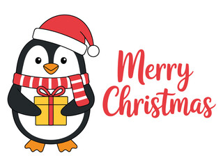 A cute cartoon penguin wearing a Santa hat and scarf holds a gift box with the words "Merry Christmas".