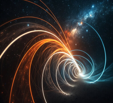 Abstract cosmic light trails vortex illustration representing digital data flow, energy transfer, or quantum entanglement in deep space.