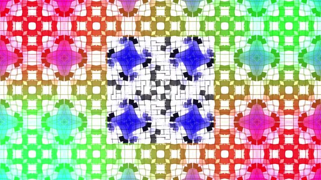 Colorful grid pattern animation with rainbow tones and white glowing symmetry