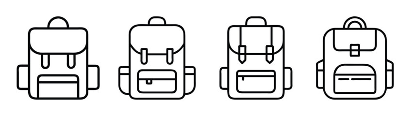 Backpack outline vector illustration set, school bag, travel backpack, rucksack, knapsack, baggage icon