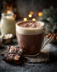Hot Chocolate in Glass Mug with Tasty Treats on Rustic Table