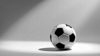 Classic black and white soccer football ball close-up isolated on a high-key gray background with dramatic studio lighting and a clean shadow