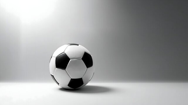 Classic black and white soccer football ball close-up isolated on a high-key gray background with dramatic studio lighting, symbolizing competition, teamwork, and global championship sports events.