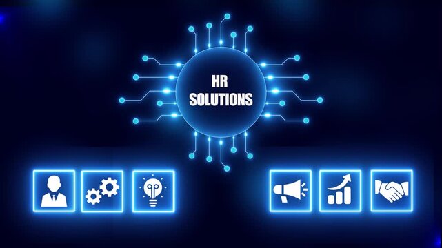 Digital concept of HR solutions with icons and glowing circuits on dark blue background Keywords: HR solutions, human resources, business, concept, digital, technology, management, strategy