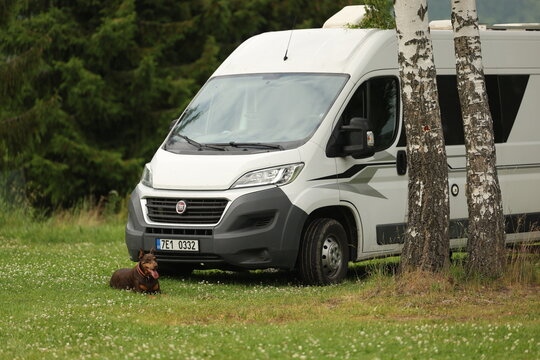 Converted Fiat Ducato camper van parked on green grass with Doberman dog resting in front, vanlife travel lifestyle, Orilcke mountains, Czech republic, 06/27/2025